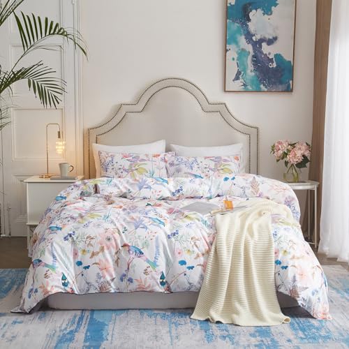 EAVD Garden Style Floral Bird Comforter Set Full Soft Fluffy Microfiber White Comforter with Chic Floral Cute Birds Print Vintage Botanical Comforter Set 1 Full Comforter and 2 Pillowcases