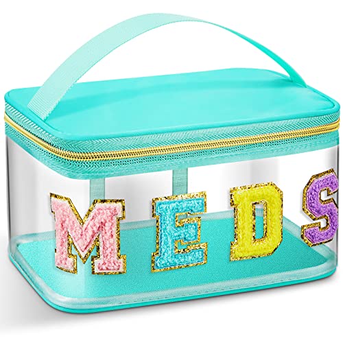 Geetery Chenille Letter Bag Nylon Makeup Bag Portable Bag Makeup Cases Preppy Patch Makeup Bag with Zipper Cosmetic Toiletry Storage Bag for Women Girls (Green, Elegant MEDS)