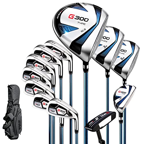 PGM Men's Complete Golf Club Sets - 12 Pieces - 3 Wood (#1,3,5), 1 Hybrid (#4H), 6 Irons(#5,6,7,8,9,PW), 1 Sand Wedge (55°), 1 Putter - Golf Stand Bag - Titanium Club Head (Right - Flex s)