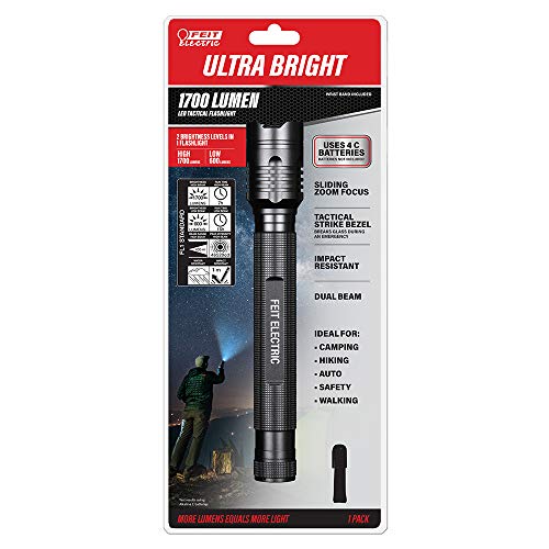 Feit Electric LED Tactical Flashlight - Aluminum Alloy - Zoomable Strike Bezel; Illuminate up to 1,000 feet - Adjustable Brightness 600 to 1700 Lumen | Requires 4-C Batteries