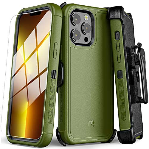 MYBAT PRO Maverick Series iPhone 13 Pro Max Case with Belt Clip Holster,w/Screen Protector,Anti-Drop,Shockproof,with 360°Rotating Kickstand,Heavy Duty Protection Green