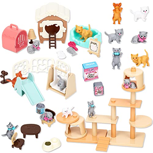 TQQFUN Pet Pretend Play Toys, 43 PCS Cat Figures Playset Toy, Realistic Detailed Pet Care Center, Cats Care Role Play Educational Toys, for Kids Toddlers Boys and Girls