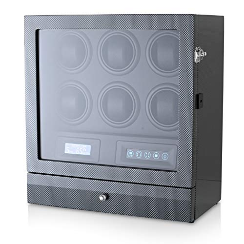 Watch Winder for 6 Watches with 2 Watches Storage Drawer, LED Backlight, LCD Display and Remote Control (Carbon + Black)