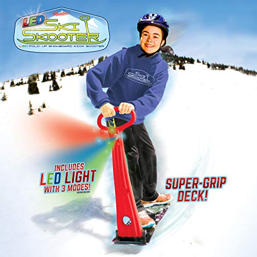 Geospace Original Winter Fun Ski Skooter: Fold-up Snowboard Kick-Scooter Sled for Use on Snow, Assorted Colors (Red, Green or Blue (Single LED Light)