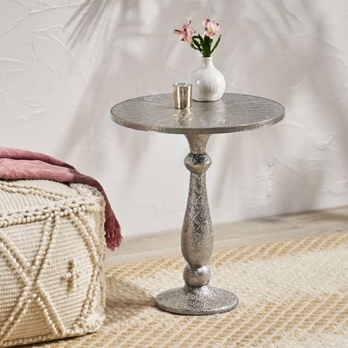 Merax Round Side End Table Nightstand, Metal Accent Bedside Night Stand for Living Room Bedroom, Dorm, Silver