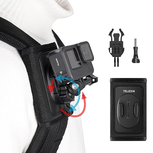 TELESIN 360 Backpack Mount Shoulder Strap Bag Clip Holder Attach w Quick Release Tripod Adapter Base for GoPro Max Go Pro Hero 12 11 10 9 8 7 Insta360 X3 GO3 DJI Action 3 4 Bike Motorcycle Accessories