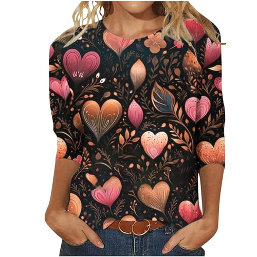 Women's Valentine's Day 3/4 Sleeve Tunic Tops Trendy Heart Graphic Crewneck Shirt Dressy Three Quarter Length Sleeve Blouse