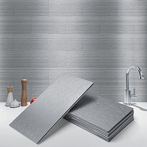 Art3d 4-Pieces Peel and Stick Stainless Steel Backsplash Tiles, 3' x 6' Brushed Metal