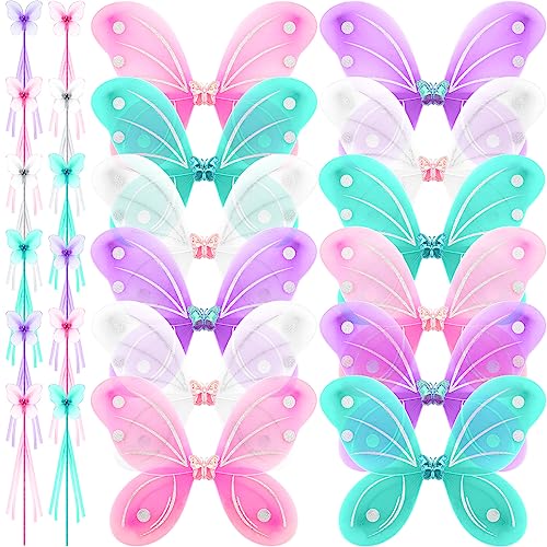 Zhanmai 12 Sets Butterfly Princess Fairy Wings Butterfly Angel Costume Butterfly Wings Wands Butterfly Wand for Girls Kids Halloween Dress up Role Play (Multicolor)