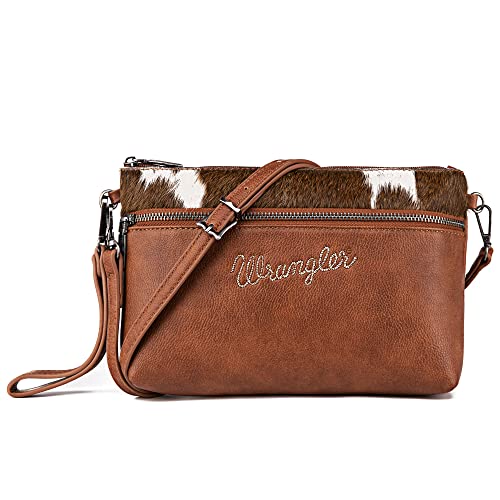 Wrangler Shoulder Handbags for Women Vintage Cowhair Crossbody Wallet Black Vegan Leather Clutch Cell Phone Purse,WG49-181BR