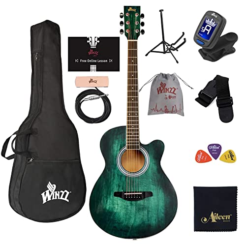 WINZZ HAND RUBBED Series - 40 Inches Cutaway Acoustic Acustica Guitar Beginner Starter Bundle with Online Lessons, Padded Bag, Stand, Tuner, Pickup, Strap, Picks, Dark Hunter Green