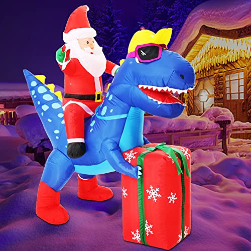 Decalare 6FT Inflatable Christmas Yard Decorations, Santa Ride Dinosaur with Gift, Inflatable Santa Decoration Built-in LED Light for Inflatable Party Outdoor/Indoor Decoration (6 FT)