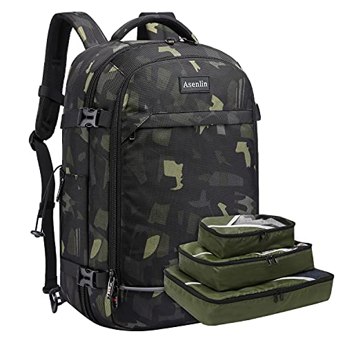 Asenlin 40L Travel Backpack for Women Men，17 Inch Laptop Backpack Flight Approved Luggage Carry On Water Resistant Computer Backpack for Weekender Overnight Large Daypack Woodland Camo