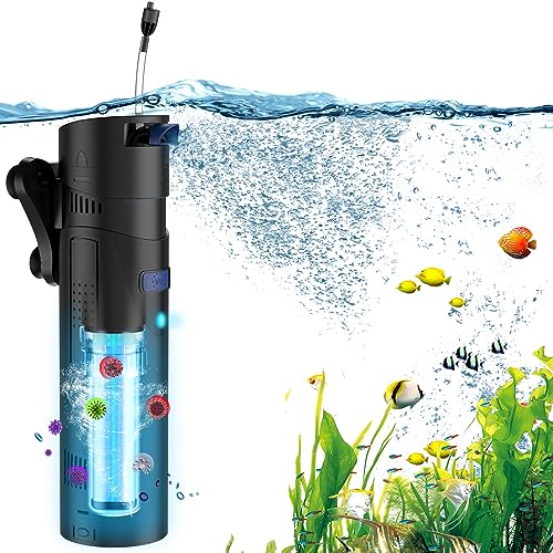 FishCheers Aquarium Filter for 25-198 Gal Fish Tanks, Green Killing Machine with 9W U-V Light Small Fish Tank Filters, Maximum Flow 185 GPH Submersible Aquarium Filter