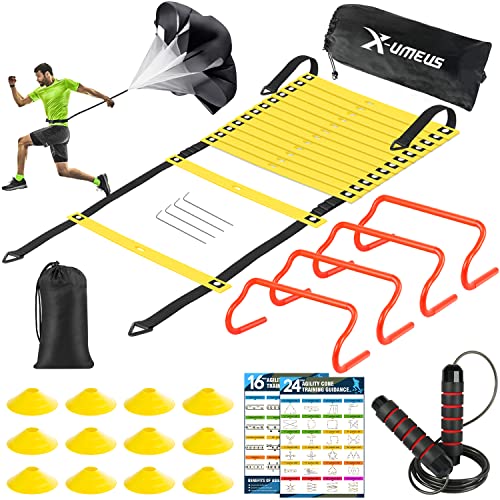 X-UMEUS Agility Ladder Speed Training Equipment Set - Includes 20ft Agility Ladder, Resistance Parachute, 4 Agility Hurdles, 12 Disc Cones for Training Football Soccer Basketball Athletes