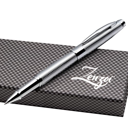 ZenZoi Executive Pen – Elegant Silver Rollerball Pen. Smooth Writing Fine Point Schneider Gel Ink. Fancy, Luxury Pen for Men or Women. Chrome, Premium, Business, High End Pen Gift Set