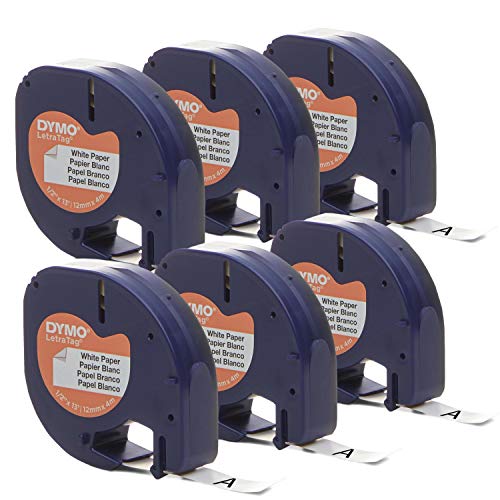 DYMO Authentic Lt Paper Labeling Tape for LetraTag Label Makers, 1/2' (12mm), Black Print On White Tape, 6-Pack