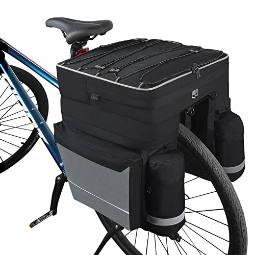 Pucuwu Bike Bag 3 in 1 Bicycle Pannier Bags, Large Capacity Waterproof Bicycle Rear Seat Carrier Trunk Bag with Reflective Trim, Multifuction Commuter Saddle Bags with Rain Cover
