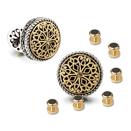 18K Gold Plated Cufflinks with 6 Shirt Studs Set for Tuxedo Shirt - Best Gifts for Men Wedding Business with Luxury Wooden Gift Box