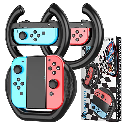 Mooroer Steering Wheels for Nintendo Switch & OLED JoyCon Controllers, Racing Wheel for Mario Kart 8 Deluxe, Family Use Gaming Accessories for Nintendo Switch Black, [3 Pack]