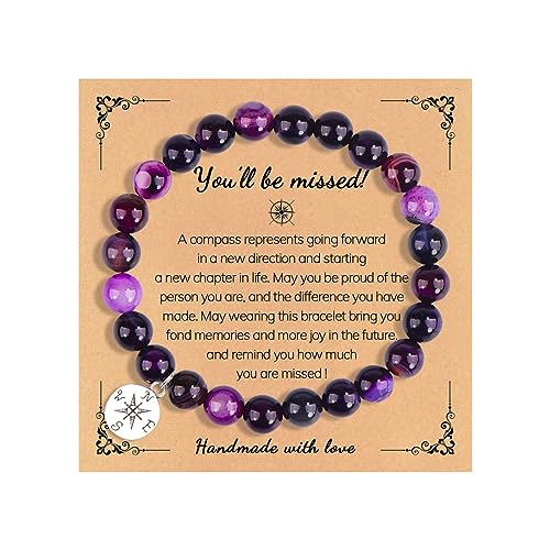 COLORFUL BLING Natural Stone Compass Bracelet You Will Be Missed Farewell Going Away Goodbye Gifts Friends Retirement Gifts for Coworker Manager Boss Teacher Employee-purple2