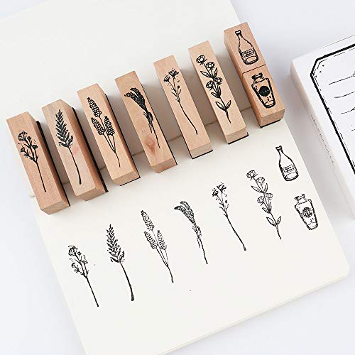 Dizdkizd 8 Pieces Vintage Wooden Rubber Stamps, Plant & Flower Decorative Mounted Rubber Stamp Set for DIY Craft, Letters Diary and Craft Scrapbooking