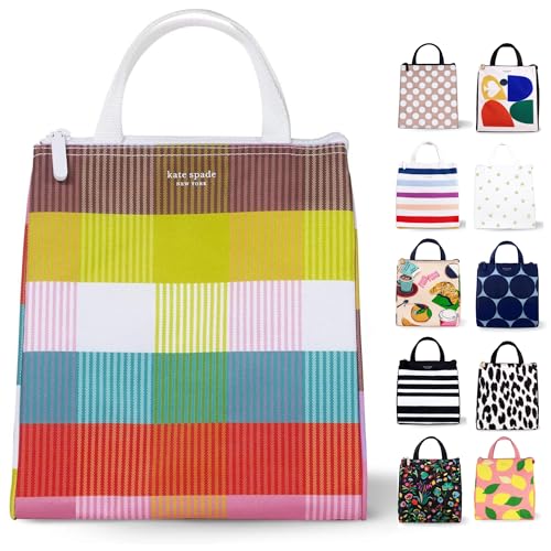 Kate Spade New York Cute Lunch Bag for Women, Large Capacity Lunch Tote, Adult Lunch Box with Silver Thermal Insulated Interior Lining and Storage Pocket, Rainbow Plaid