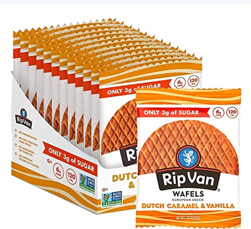 Rip Van WAFELS Dutch Caramel & Vanilla Stroopwafels, Healthy Non GMO, Low Calorie / Sugar Office Snacks, Keto Friendly, (3g), 12 Count (Packaging May Vary)