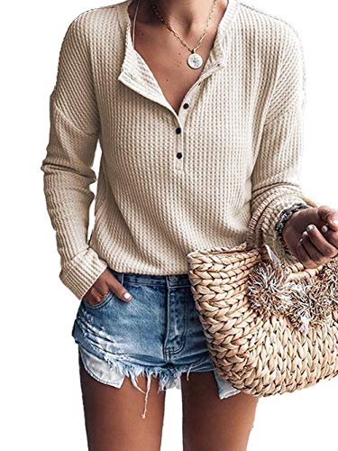 MOLERANI Women's Long Sleeve Waffle Knit Tunic Blouse Casual Button Up Henley Shirts Plain Tops Beige M