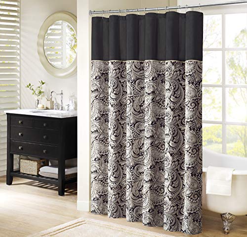 Madison Park - MP70-845 Aubrey Shower Curtain Paisley Jacquard Pieced Microfiber Faux Silk Modern Home Bathroom Decorations Bathtub Privacy Screen, 72' x 72', Black