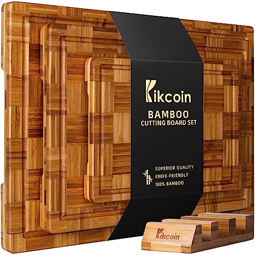 Extra Large Bamboo Cutting Boards, (Set of 3) Chopping Boards with Juice Groove Bamboo Wood Cutting Board Set Butcher Block for Kitchen, End Grain Serving Tray by Kikcoin
