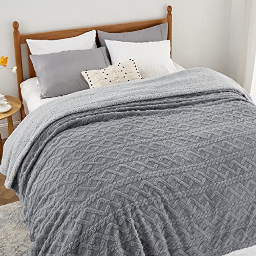 Bedsure Sherpa Queen Size Blanket for Bed - Fuzzy Soft Cozy Blanket Queen Size, Fleece Thick Warm Blanket for Winter, Grey Fall Blanket, 90x90 Inches