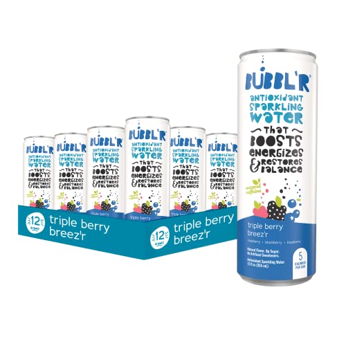 BUBBL'R triple berry breez'r, Antioxidant Sparkling Water with Natural Caffeine, 0g Sugar, Gluten Free, All Natural Flavors, 12 Fl Oz Cans, 12 Count