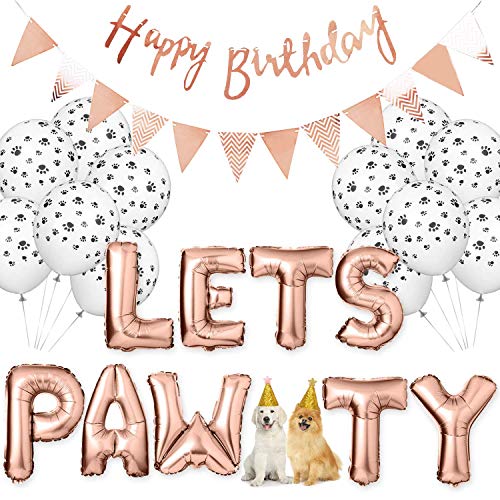 Legendog Dog Birthday Party Supplies Dog Paw Print Balloons Cat Birthday Hat Happy Birthday Banner Foil Balloons Lets Pawty Letters Balloons Decorations (Rose Red)