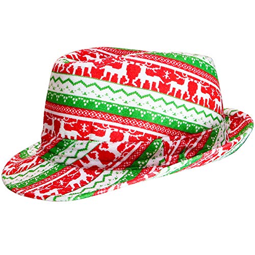 Skeleteen Ugly Sweater Fedora Hat - Funny Christmas Holiday Red and Green Ugly Sweater Party Hat for Adults and Kids