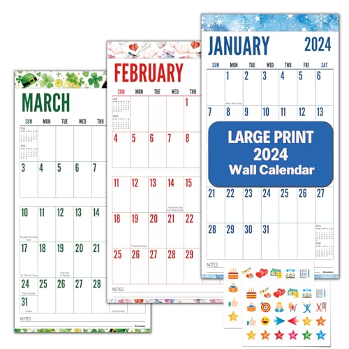 CRANBURY Large Print Calendar 2024 - (Seasons), 12x23' Hanging Wall Calendar, Use to December 2024, Colorful Designs, Big Numbers, Big Grid Calendar 2024, Low Vision Calendar, with Stickers