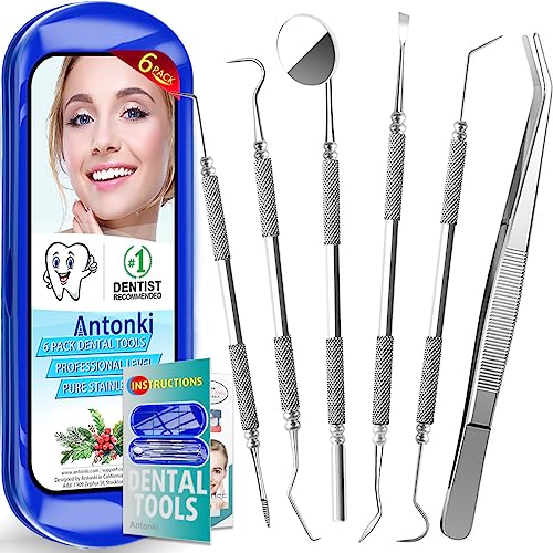 Dental Tools To Remove Plaque and Tartar, Professional Teeth Cleaning Tools, Stainless Steel Dental Hygiene Oral Care Kit with Plaque Remover, Tartar Scraper, Tooth Scaler, Dental Pick - with Case