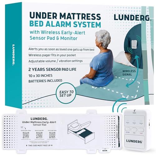 Lunderg Under Mattress Bed Alarm for Elderly Adults Wireless with Early Alert - Bed Sensor Pad & Pager - Bed Alarm for Elderly Dementia Patients - Bed Alarms and Fall Prevention for Elderly