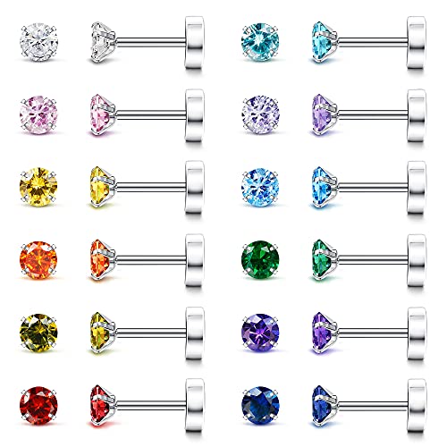 Fansilver 12Pairs 20G Hypoallergenic Stud Earrings for Women Men Stud Flatback Ear Piercing Birthstone Earrings Set, 4mm