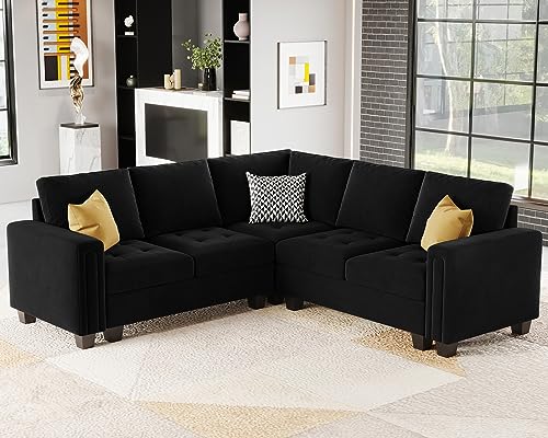 Belffin Velvet Modular Sectional Sofa Convertible Sectional Sofa Couch with Reversible Chaise L Shaped 4 Seater Corner Sofa Couch Black
