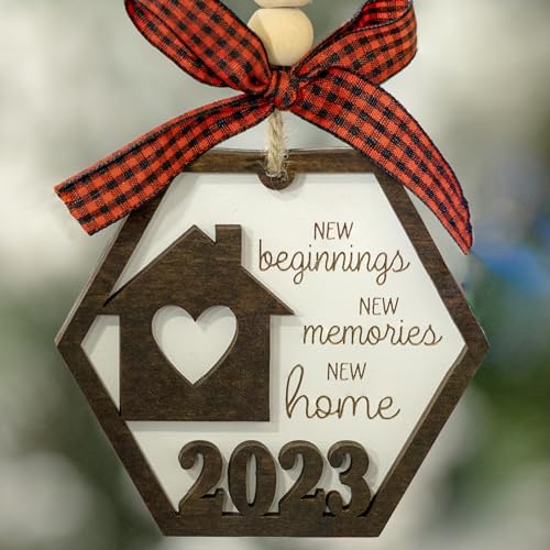 New Beginnings New Memories New Home 2023 Engraved Wooden Ornament, Family Housewarming Gifts Ideas, New House Christmas Tree Ornaments, Mr Mrs First Xmas Newlywed Just Married Wedding Couple Keepsake