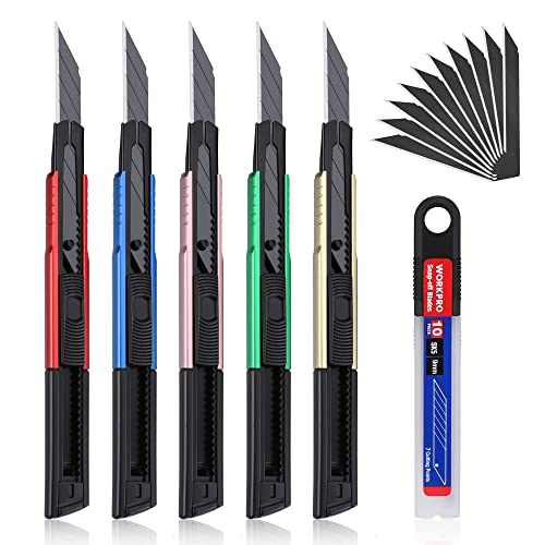 WORKPRO Premium Utility Knife Retractable Snap-off Blade, Heavy Duty Aluminum Box Cutter Set, Razor Knife Exacto Craft Knives, with 10 Extra 9mm Blades, Pack of 5