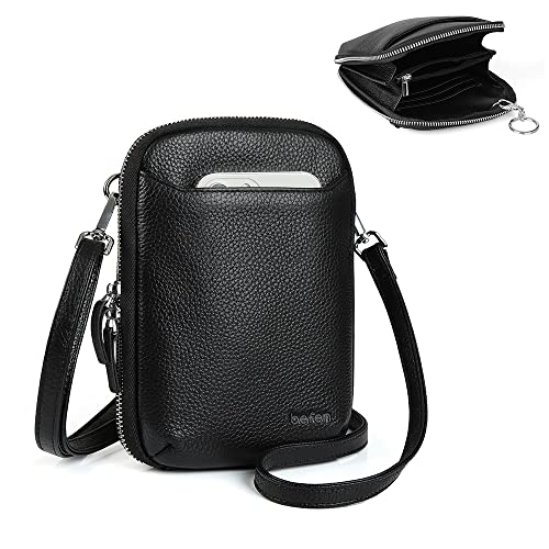 befen Genuine Leather Black Leather Small Crossbody Phone Bags for Women Mini Wallet Purse Cellphone Holder Shoulder Bag for Women - Fit iPhone 15 Pro Max