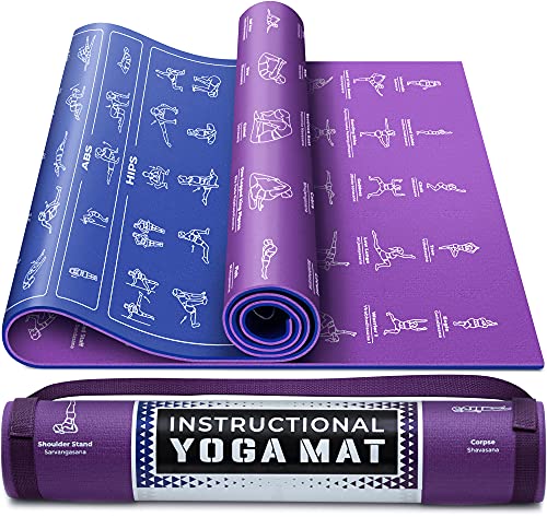 Instructional Yoga Mat with Poses Printed On It & Carrying Strap - 75 Illustrated Yoga Poses & 75 Stretches - Cute Yoga Mat For Women and Men - Non-Slip, 1/4' Extra-Thick Yoga Mat For Beginners (68' x 24', Blue / Purple)