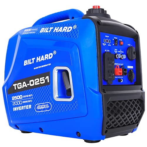 BILT HARD Generator 2500 Watt, Quiet Inverter Generator Portable 80cc 4 Stroke Engine, 120V AC Duplex Receptacle and 12V DC Output, Outdoor Generators for Home Backup Use and RV Ready