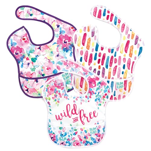 Bumkins Bibs for Girl or Boy, SuperBib Baby and Toddler for 6-24 Months, Essential Must Have for Eating, Feeding, Baby Led Weaning Supplies, Mess Saving Catch Food, Fabric 3-pk Wild and Free