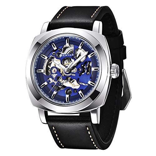 Benyar Automatic Watches for Men | Skeleton Mechanical Leather Strap Mens Watch | 45mm Dial | 30M Waterproof | Men's Stylish Gift