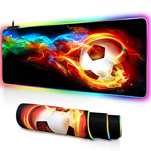 Large RGB Gaming Mouse Pad - Big Gaming Led Mouse Pad Smoothly Waterproof Surface XXL Mouse Pad with Anti-Slip Rubber Base Stitched Edge Mouse Pad for Keyboard,31.5'x12'x0.15'(Flame Soccer)