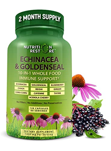 Echinacea Goldenseal Capsules - 10 in 1 Immune Support Supplement - 1455mg - Vegan Echinacea Capsules Supplement Made With Organic Whole Foods - Herbal Immune System Support - 2 Month Supply