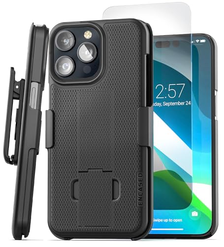 Encased DuraClip Holster, Designed for iPhone 15 Pro Case with Belt Clip Phone Holder and HD Screen Protector (iP15-PRO 6.1') - Black